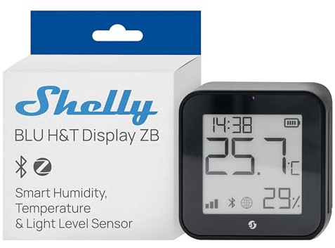 Shelly BLU H&T Display ZB Nero - Sensore Smart Temperatura e Umidità | Bluetooth & Zigbee, Display E-Paper, Orologio digitale, Monitoraggio Clima, Automazione HVAC, Compatto, Gateway Richiesto