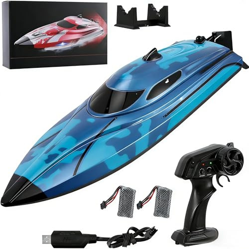 VIHBRAI Ferngesteuertes Boot mit LED-Licht,25KM/H, 2.4GHz Schnelles RC-Boot Einstellbar, 2 Batterien für 40 Minuten Spielzeit, Speedboot Ferngesteuert für Erwachsene und Kinde
