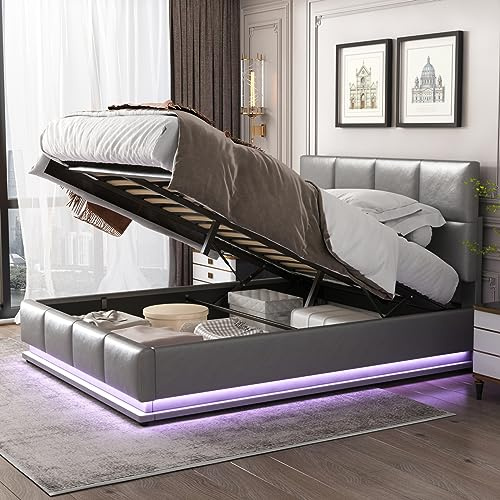 Polsterbett 140x200 mit Stauraum, Doppelbett mit LED-Beleuchtung, Verstellbares Kopfteil, Boxspringbett Bettgestell mit Lattenrost, HydraulischBett, Jugendbett, Bettkasten, Beige Linen, Ohne Matratze
