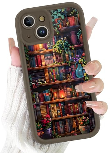 Foonary Cute Retro Bookshelf Phone Case for iPhone 12 Flower Case 6.1, Aesthetic Floral Pattern Design Shockproof Soft Slim TPU Full Camera Lens Protective Cover Funda for Women Girls, Brown
