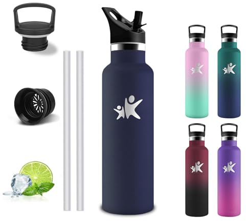 Trinkflasche Edelstahl- 500ml- Trinkflasche Auslaufsicher- Wasser Flasche mit Strohhalm- Doppelwandige Vakuumisolierte- Thermosflasche Mit 2 Deckeln, Wasserflasche für Schule, Reisen, Camping
