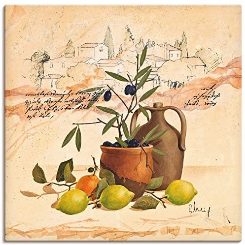 ARTLAND Wanddeko Leinwand Bilder Wandbild 100x100 cm Toskana Italien Landschaft Stillleben Oliven Malerei Mediterran Q5HU