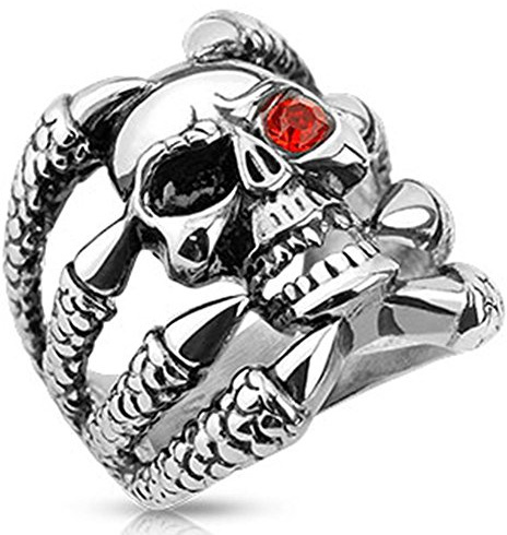 Paula & Fritz® Herrenring Freundschafts-Ring Damen-Ring Verlobungs-Ring Partnerring Klauenring Totenschädel Zirkonia rot Edelstahl Chirurgenstahl 316L Größen 60 (19) – 75 (24)