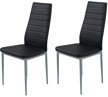 Hela Tische, 2er Set Esszimmerstuhl Küchenstuhl Simone, Kunstleder Schwarz, Rundrohgestell alufarben, Steppnähte