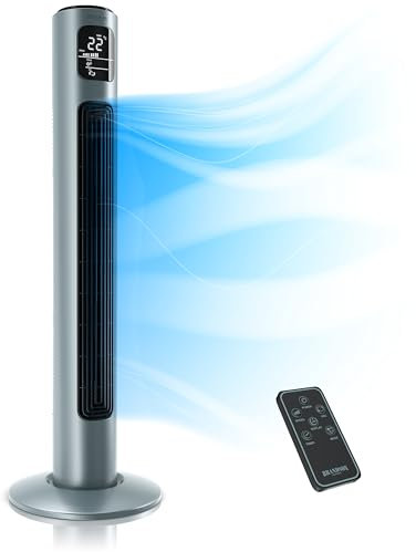 Brandson - Turmventilator mit Fernbedienung und Oszilation 60° - Standventilator - Säulenventilator - 96 cm - Ventilator mit 3 Geschwindigkeitsstufen - GS - eisgrau