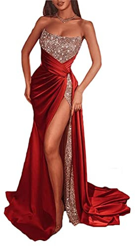 Minetom Donna Elegante Paillettes Vestito Lungo da Sera Festa Cocktail Cerimonia Scollo a V Senza Maniche Maxi Abito D Rosso S
