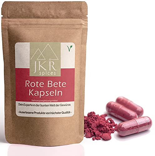 JKR Spices® 180 Stk. Rote Bete Kapseln - vegane Kapseln gefüllt mit 720mg hochwertigem rote Beete Pulver - hochdosiert - beetroot capsules - pflanzliche Kapsel - 100% natürlich und ohne Zusätze
