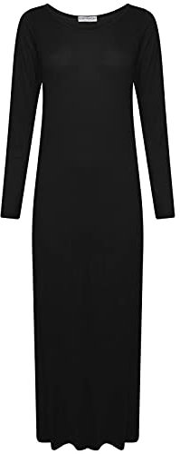STAR FASHION Women’s Long Sleeve Maxi Dress Stretchy Ladies Plain Jersey Round Neck Casual Style Plus Size UK 8-26 Black 12-14