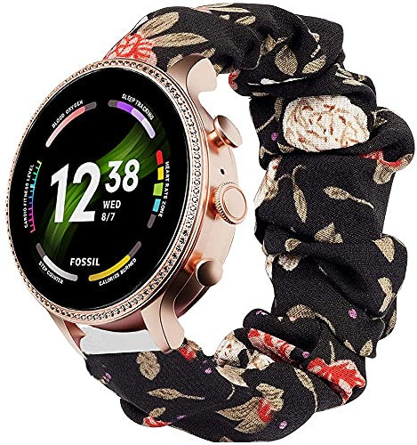 SkyBand En Tissu Chouchou élastique Classique Bracelet De Remplacement Compatible pour Montres connectées Fossil Gen 6 42mm/ 44mm (Fleurs Noires, 42mm)