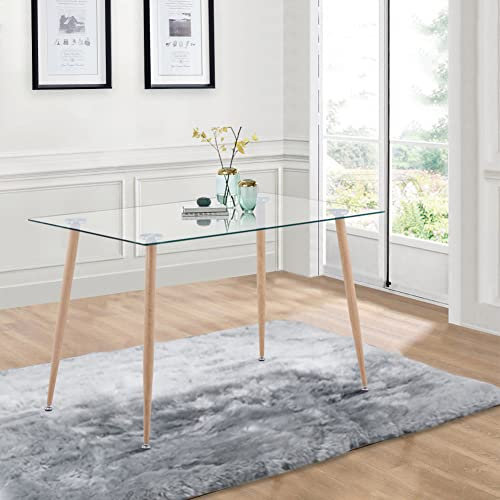 GOLDFAN Esstisch Glas Küchentisch Glastisch Metal Rechteckiger Tisch Wohnzimmertisch Geeignet für 4-6 Personen Holz 110cm