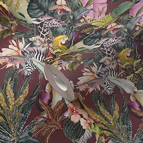 A.S. Création Vliestapete Dschungel Dunkelrot Grün Wohnzimmer Tapete Tiere Rot Rosa 381765 10,05x0,53m Made in Germany