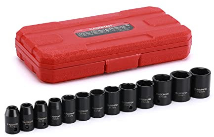 CASOMAN 13 Pieces 3/8-Inch Drive Impact Socket Set, 6-Point, Metric, Shallow, CR-V, 7mm to 19mm, Heavy Duty Blow Molded Storage Case