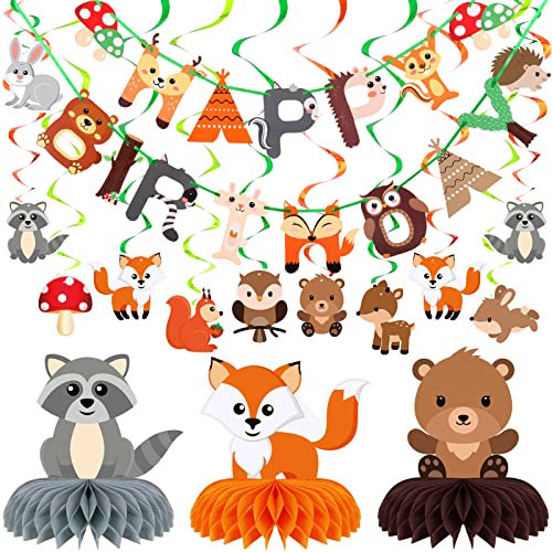29 Pcs Woodland Party Supplies Animal Birthday Decorations Include Happy Birthday Banners Hanging Cards Swirl Ceiling Streamers Honeycombs for Woodland Forest Theme Baby Shower Party Supplies