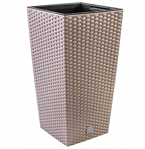 Prime Garden® SquarePotHigh Rattan Blumentopf Topf Pflanzkübel aus Kunststoff mit Einsatz zum Haus, Garten, Terrasse, Veranda - Quadratisch Wetterresistent Frostbeständig - 40 x 40 x 75 cm (Mocca)