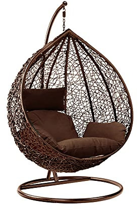 Rattan Swing Egg Chair with Stand Outdoor Indoor Garden Patio Hanging Egg Chair with Cushion (Brown Egg Chair & Brown Cushion)