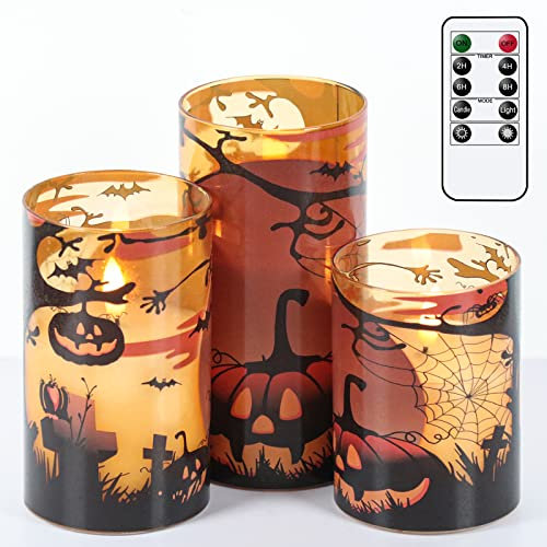 Eldnacele Halloween Orange Glass Flameless Candles with Remote Timer, Battery LED Halloween Candles Flickering for Home Decoration Gift 4” 5” 6” Set of 3(Spooky Pumpkin Spider Web Grave Pattern)