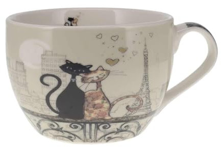 KIUB Bol chat avec une anse - Motif chats amoureux à Paris avec aussi la Tour Eiffel de Paris - matière porcelaine fine - contenance 500ML