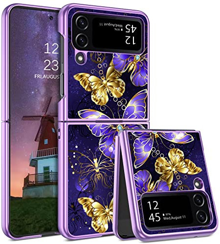 YINLAI Case for Samsung Galaxy Z Flip 4 Butterfly Pattern Glow in the Dark TPU Bumper PC Shell Scratch-Resistant Cover Case Protective Case for Samsung Z Flip 4 5G,Purple Butterfly