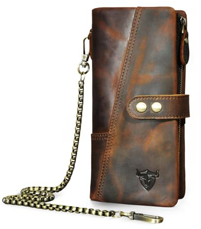 Handadsume Genuine Crazy Horse Leather Travel Gift Coin Pocket Card Case Long Organizer Chain Rfid Wallet Purse With Snap For Men Male 1803 1815 (1803 Brown)