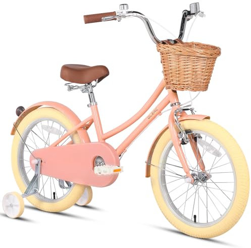 Glerc 18 Zoll Kinder Mädchen Fahrrad für 5 6 7 8 Jahre alt kleine Mädchen Retro Vintage-Stil Fahrräder mit Korb Training Räder und Glocke, Pfirsich