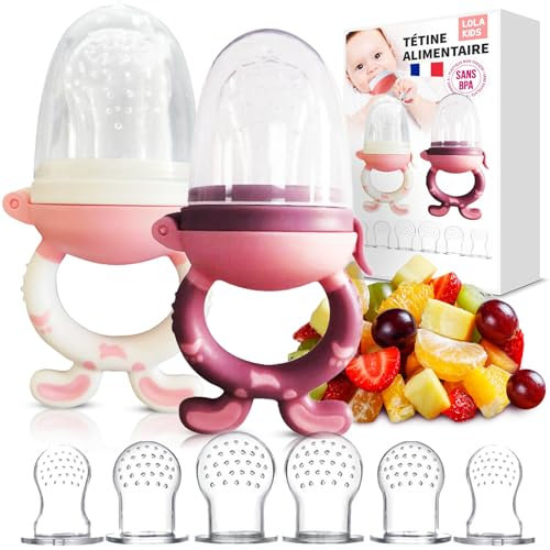 Lola Kids Grignoteuse Bébé - Lot de 2 Tétine Grignoteuses Bébé sans BPA - Inclus 8 Tetines Evolutives - Sucette Fruit en Silicone Alimentaire - Tétine Dentition - Idéal Diversification Alimentaire