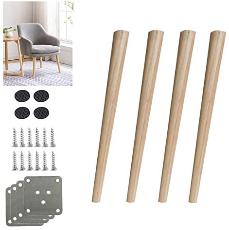 fUfIzU 4Pcs Oak Wood Furniture Legs, Elegant Conical Design, Dining Tables, Desks, Kitchen Chairs, Sofas, Beds, Cabinets, 75cm/29.5in, Wood Color, Includes Mounting Plate & Accessories