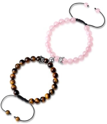XIANNVXI Bracelet Couple Couronne Bracelets Perles Réglables Bracelet Assortis Couple pour Cadeau de Saint Valentin Anniversaires Mariage (œil De Tigre, Quartz Rose)