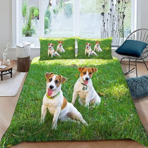 DILANI Hund Bettwäsche-Set 135x200cm Zwei Jack Russell Terrier 3D-Druck Weiche Mikrofaser 3 Teilig Bettbezüge mit Reißverschluss und 2 Kissenbezüge 80 x 80 cm für Erwachsene Kinder