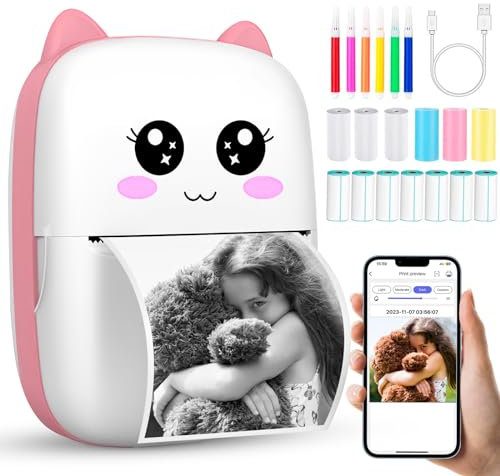 Mini Imprimante Portable, Imprimante Photo Thermique Sans Encre avec 13 Rouleaux de Papier, Imprimante Intelligente Bluetooth Compatible avec Android et iOS, Pour D'étiquettes, Images, Note (X5S-Rose)