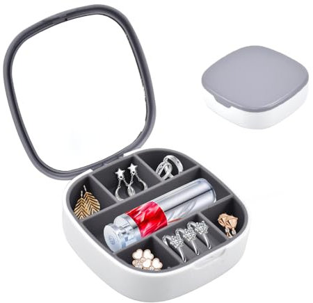 GOLRISEN Mini Joyero de Viaje Portátil, Organizador de Joyas Pequeño de Plástico con Espejo y 7 Compartimentos Caja de Joyería Portátil de 10 x 10 x 3 cm para Guardar Anillos Pendientes Collares