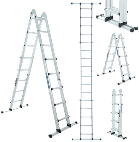 WORHAN Scala Telescopica Estensibile Multiuso 555cm Telescopica Alluminio con Stabilizzatore Pieghevole Versatile Robusta Scaletta 5.55m LG5.5