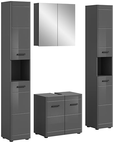 xonox.Home Badezimmer Soft 2tlg. Kombination Badmöbel Set kleine Bäder Komplettprogramm Bademöbel-Set in Front grau Hochglanz MDF TZ Korpus grau Nb.