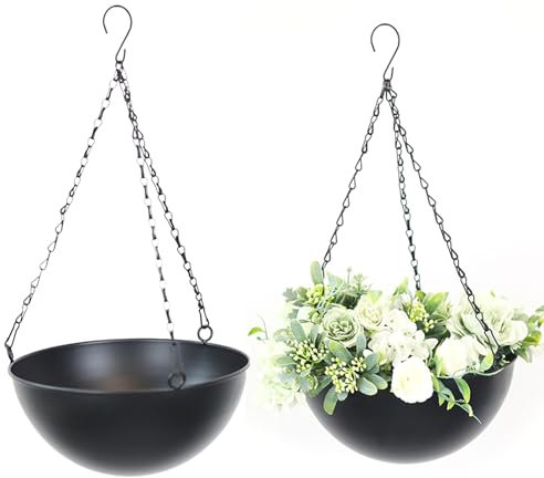 LIROPAU 2 Pièces Métal Pots de Fleurs Suspendus, Pot de Fleur à Suspendu Exterieur avec De Chaîne et Trou de Drainage, Panier à Plantes Suspendu Pots pour Balcon Clôture Jardin Maison Décor (Noir)