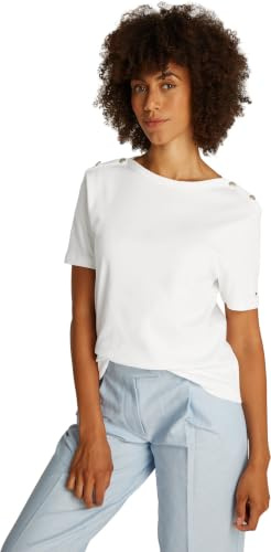 Tommy Hilfiger Damen T-Shirt Kurzarm Stripe Gold mit Knöpfen, Weiß (Ecru), S
