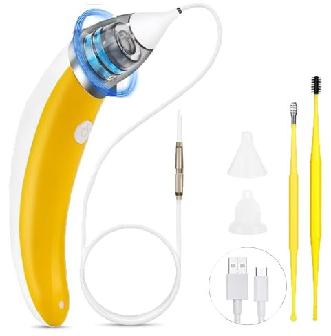 Aspirador de Cera Para Oídos, Aspirador de Oídos Eléctrico, limpiador de oídos, 5 Engranajes,Eliminación de Cera Para Oídos para limpieza Profunda, Adecuado para Niños y Adultos (Amarillo-1)
