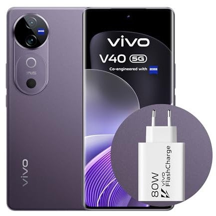 VIVO V40 5G Smartphone, 12GB RAM + 512GB ROM Pantalla 6.78” AMOLED Curva 120 Hz, Cámara 50 MP con ópticas ZEISS, Batería BlueVolt XL de 5500mAh, Carga rápida Flashcharge 80 W, Morado