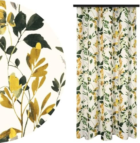 Voppi Fenstervorhang mit Muster 140 x 240 cm halbdunkler Vorhang mit Universal Kräuselband Pflanzenmuster gelb Gold und grün Blätter auf hellem Hintergrund schöner Dekovorhang für Zuhause