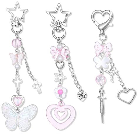 Ouligay Lot de 3 porte-clés Y2k - Mignon - Porte-clés esthétique - Mignon - Pendentif de sac pour femme - Accessoires mignons pour filles et femmes, Rose, 13 x 4.2 cm
