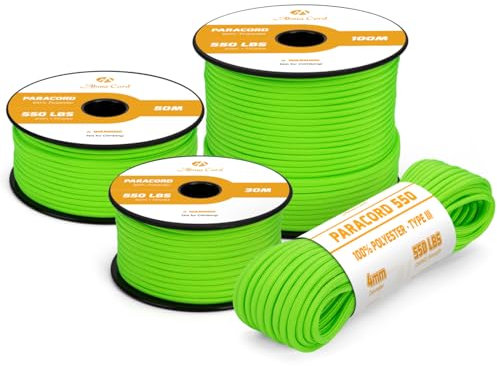 Abma Cord Paracord 4mm 50m Schnur Typ III Paracord 550 Seil 7 Kern für Outdoor, Camping, Survival, Basteln, Armband - Max. 250kg - Neon Grün