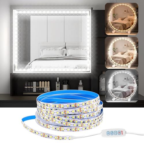Lhdfyqt 2 tiras de luz LED para tocador, 2 m, regulable, con interruptor, barra de luz de maquillaje, 3 colores y 9 niveles de intensidad, 2 m/6,5 pies, 480 LED