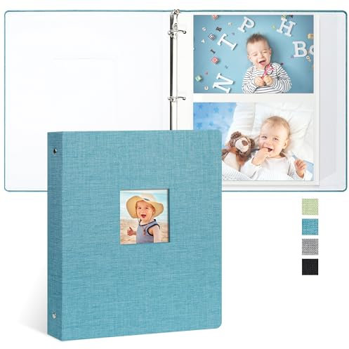 Vienrose Fotoalbum Selbstklebend, 3-Ring-Design, Leinendecke, 20 Blatt/40 Seiten, für Fotos 10x15, 13x18, 18x24 cm (Blau)