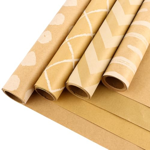ASelected 4 Rolle Geschenkpapier, 43 x 300cm/Rolle Packpapier Geburtstag 4, Geschenkpapier Kinder mit Geschenkanhänger und Jute Schnur, Rolle Set für Geburtstag Hochzeit Jubiläum Geliefert
