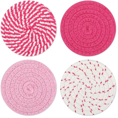 Pink Woven Coasters, 4.13in/10.5cm Round Pink Coaster for Desk Cute Coasters Set of 4 with 4 Colors for Kitchen Dining Coffee Table Desk Accessories Aesthetic