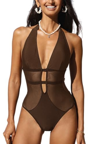 CUPSHE Damen Badeanzug Tiefer V Ausschnitt Neckholder Netzeinsatz Rückenfrei Riemchen Einteilige Bademode Swimsuit Braun M