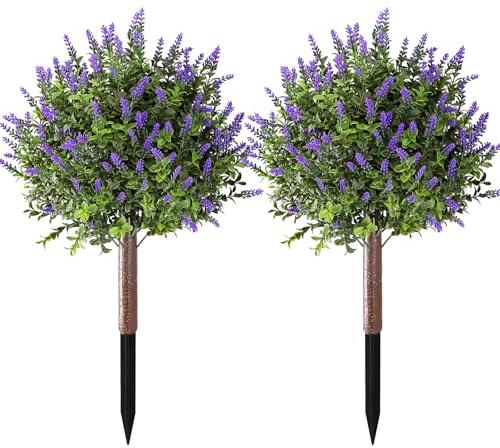 LUWENER Künstlicher Lavendel mit Buchsbaum-Formschnittkugel, UV-beständig, mit Erdspießen, für Innen- und Außenbereich, immergrüner Baum für Veranda, Garten, Haustür, Dekoration, 60 cm, 2 Stück