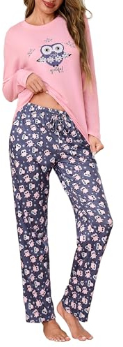 Demegimi Damen Schlafanzug Lang Pyjama Baumwolle Winter Nachtwäsche Rundhals Schlafanzüge Schneeflocken Loungewear Sleepwear Hausanzug