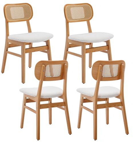 chairus 4PCS Sillas de Comedor Madera Asiento de Lana Sintética, Beige | Sillas de Cocina con Respaldo Ratán, Patas de Madera, Sin Brazos, Silla Moderna