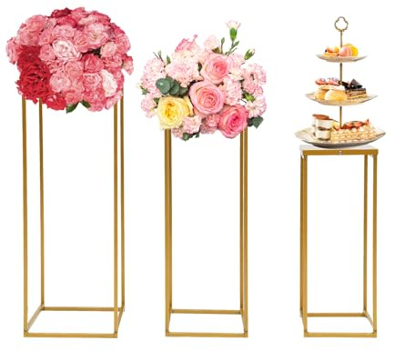 3PCS Blumenständer, Gold Blumenständer Hochzeit Deko, 3 Stück MetallSäule Vasen Stehend Pflanzenständer, Rechteckig 50cm 60cm 70cm Hoch BodenVasen Pflanzenständer, für Verlobung Jahrestag Party