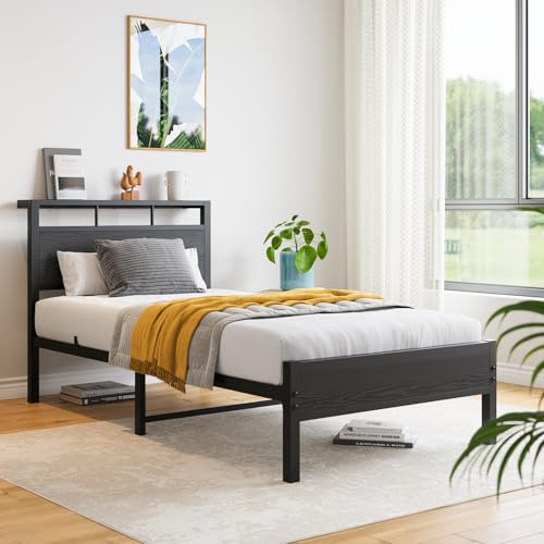 VECOCHO Single Bed Frame with Wooden Storage Headboard,Heavy Duty Metal Platform Bed Frame Single Bed Bsae No Box Spring Needed,Mattress Base,Underbed Storage Space,Noise Free,Black