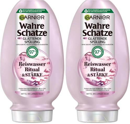 Garnier Wahre Schätze Glättende Spülung Reiswasser Ritual & Stärke, für langanhaltenden Glanz und Geschmeidigkeit, aufpolsternd, Conditioner, vegane Formel, ohne Silikone, 1x200ml (Packung mit 2)